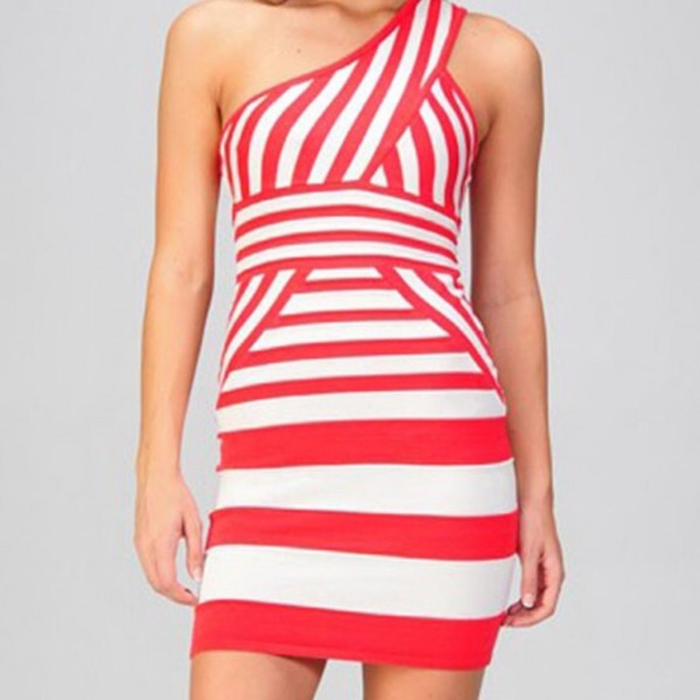 One Shoulder Stripe Bandage Dress